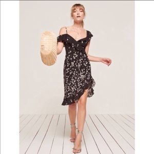 Reformation Adora asymmetrical black floral dress